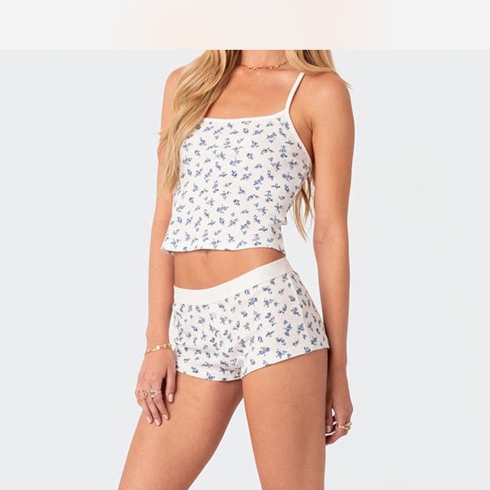 Edikted Blue and White Pajama Set with Floral Print